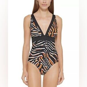 DKNY Animal Print Slimming 1pc Plunge Swimsuit 10 NWT